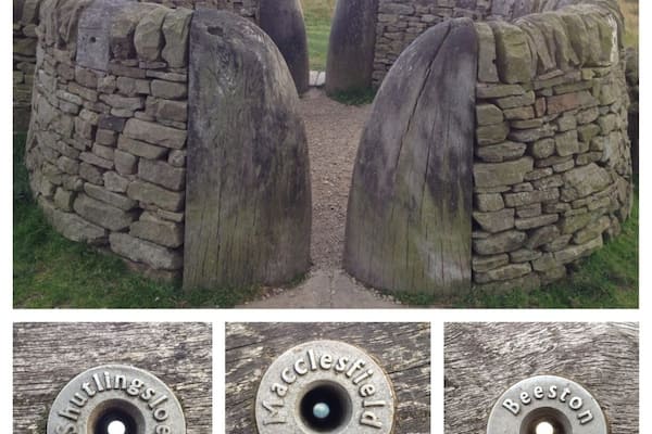 Here's an interesting thing. Looks like a circular sheep pen made from dry stone walls split by two chunky and smooth wooden kissing styles. It is a viewing point with about a dozen holes through the top stones aligned to frame landmarks on the 360 degree horizon, with lovely industrial looking metal 'eyepieces' bearing the names of what you are looking it. Tegg's Nose hill is the site of a disused quarry that operated from the 16th century until 1955.