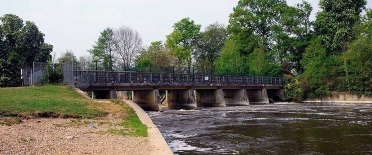 A concrete bridge over a river with a grassy bank and trees in the background.