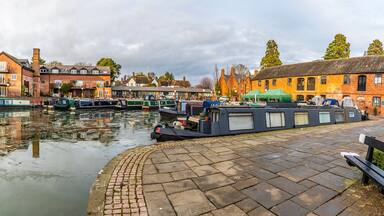 A panorama view across the canal basin on the frozen Grand Union canal in Market Harborough in Winter