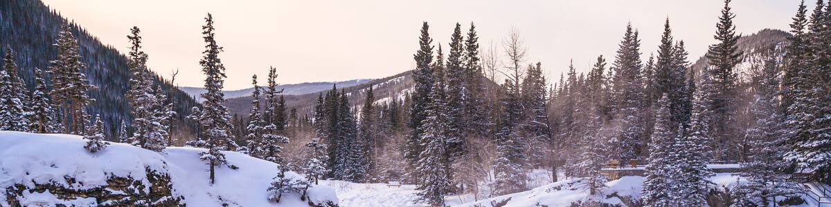 A snow-covered waterfall in a forested valley with rocky cliffs.