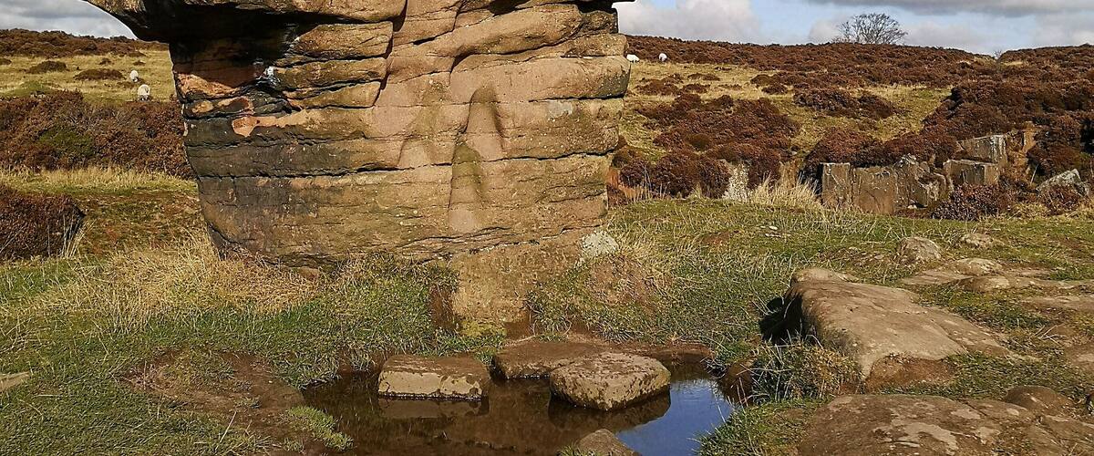 A large rock formation with a small pond in a grassy field.