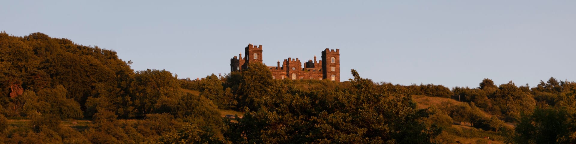A historic castle on a hill with dense forest.