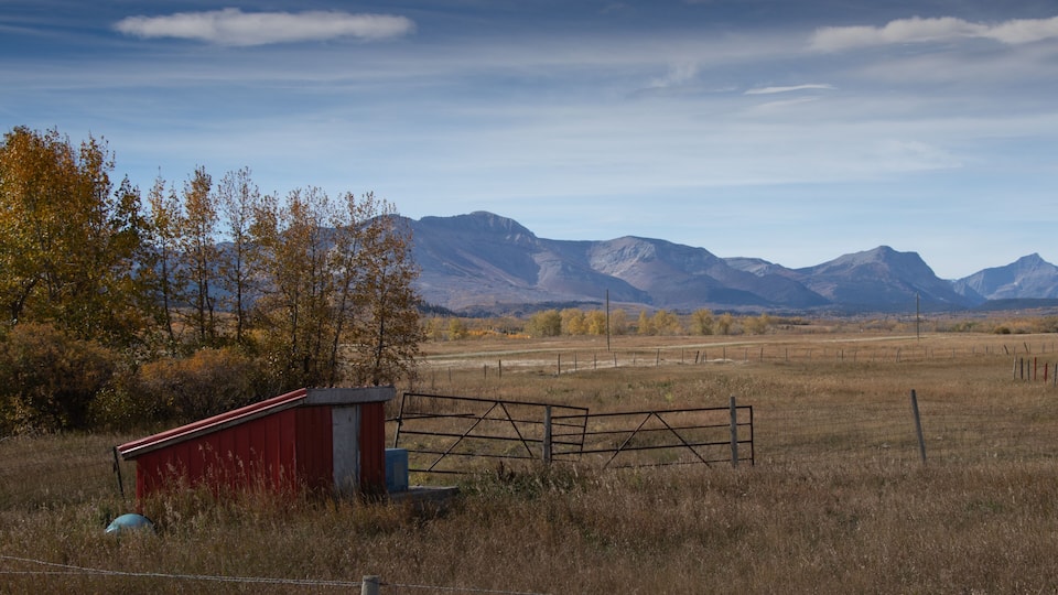 A rural landscape with a red barn, a metal gate, and mountains in the background.