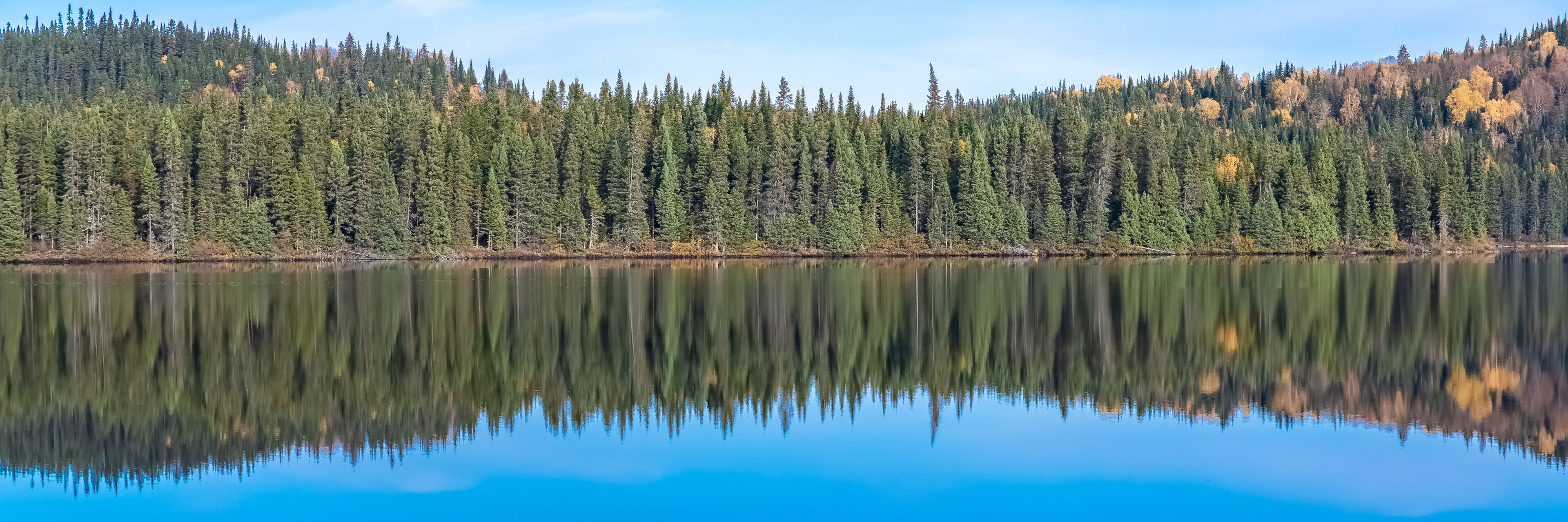 Canada, panorama of a mountain lake in the forest during the Indian summer, beautiful landscape in a wild country, reflection on the water