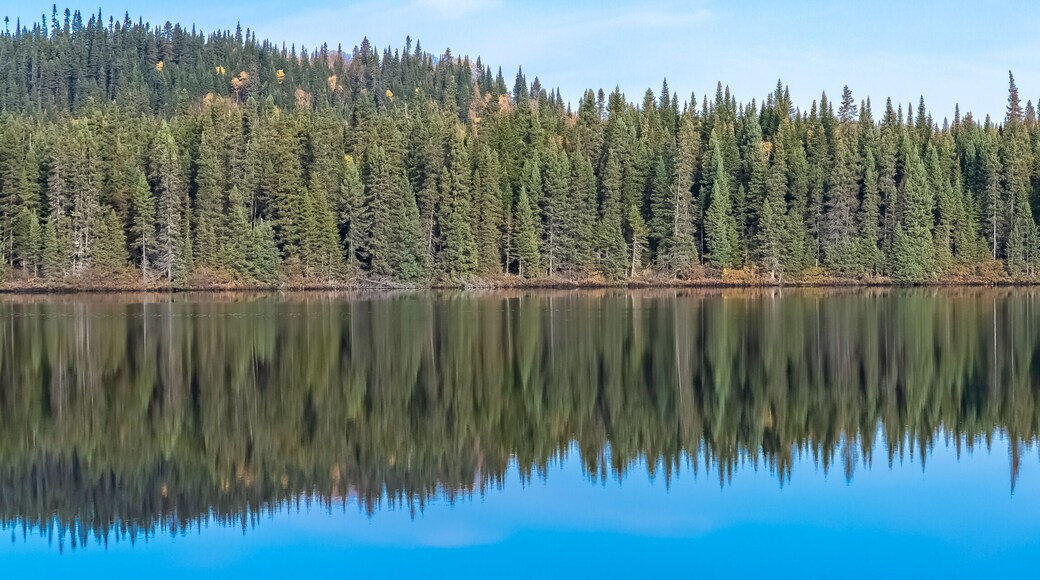 Canada, panorama of a mountain lake in the forest during the Indian summer, beautiful landscape in a wild country, reflection on the water