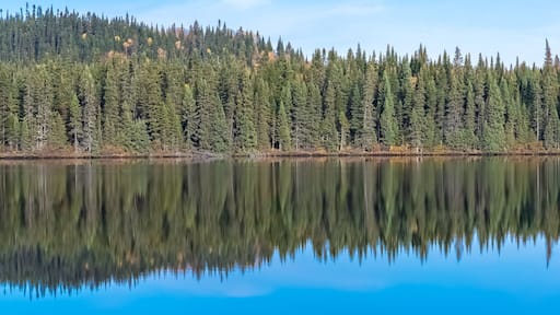 Canada, panorama of a mountain lake in the forest during the Indian summer, beautiful landscape in a wild country, reflection on the water