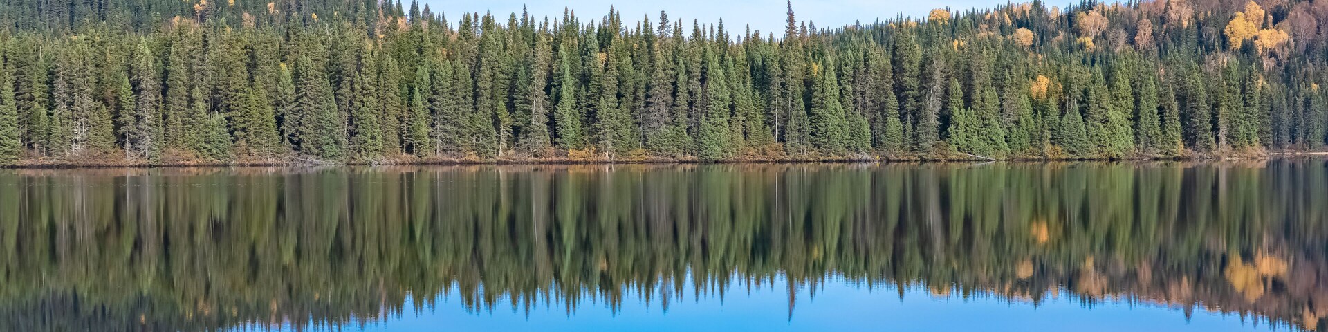 Canada, panorama of a mountain lake in the forest during the Indian summer, beautiful landscape in a wild country, reflection on the water