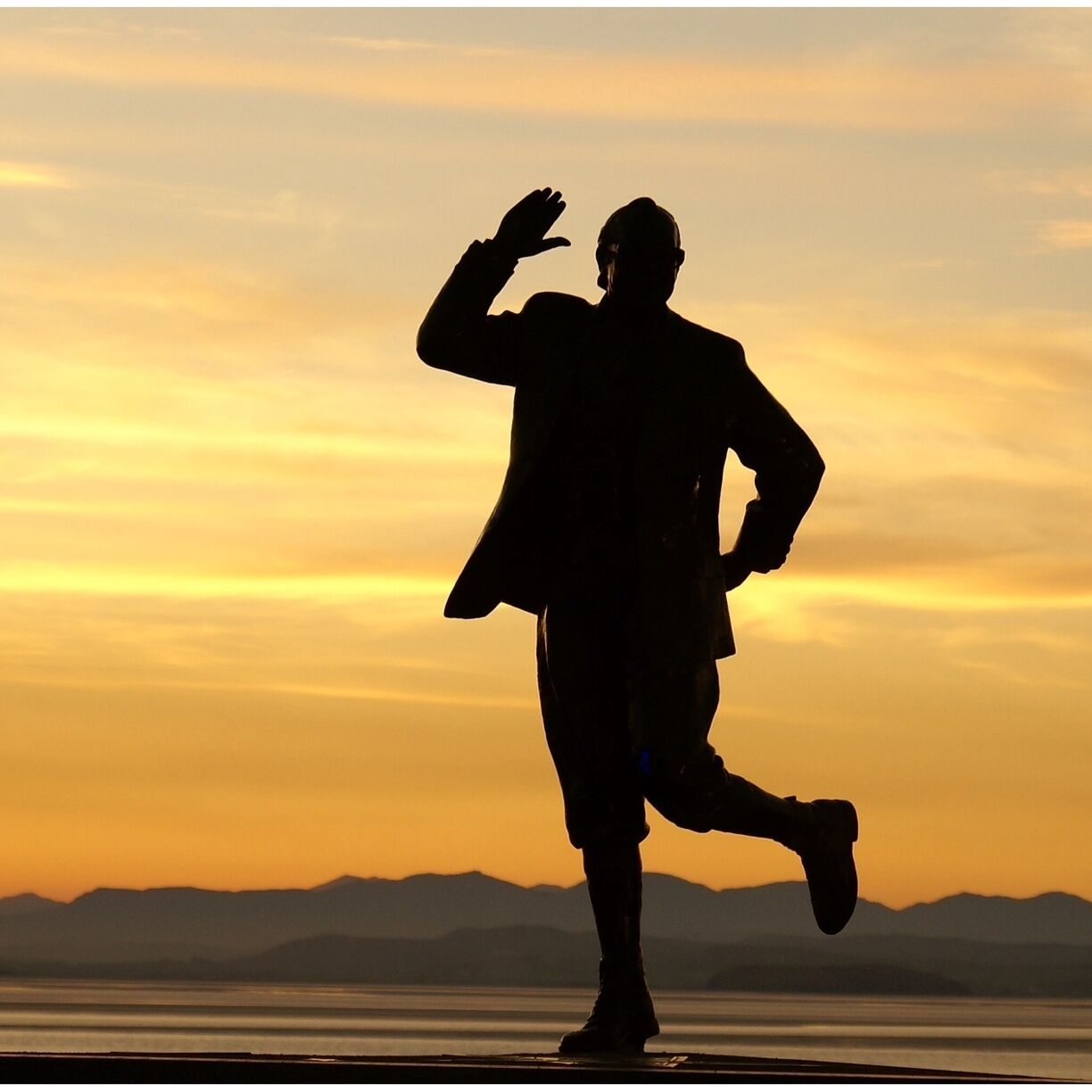 A silhouette of a person running with a hand raised against a sunset sky.