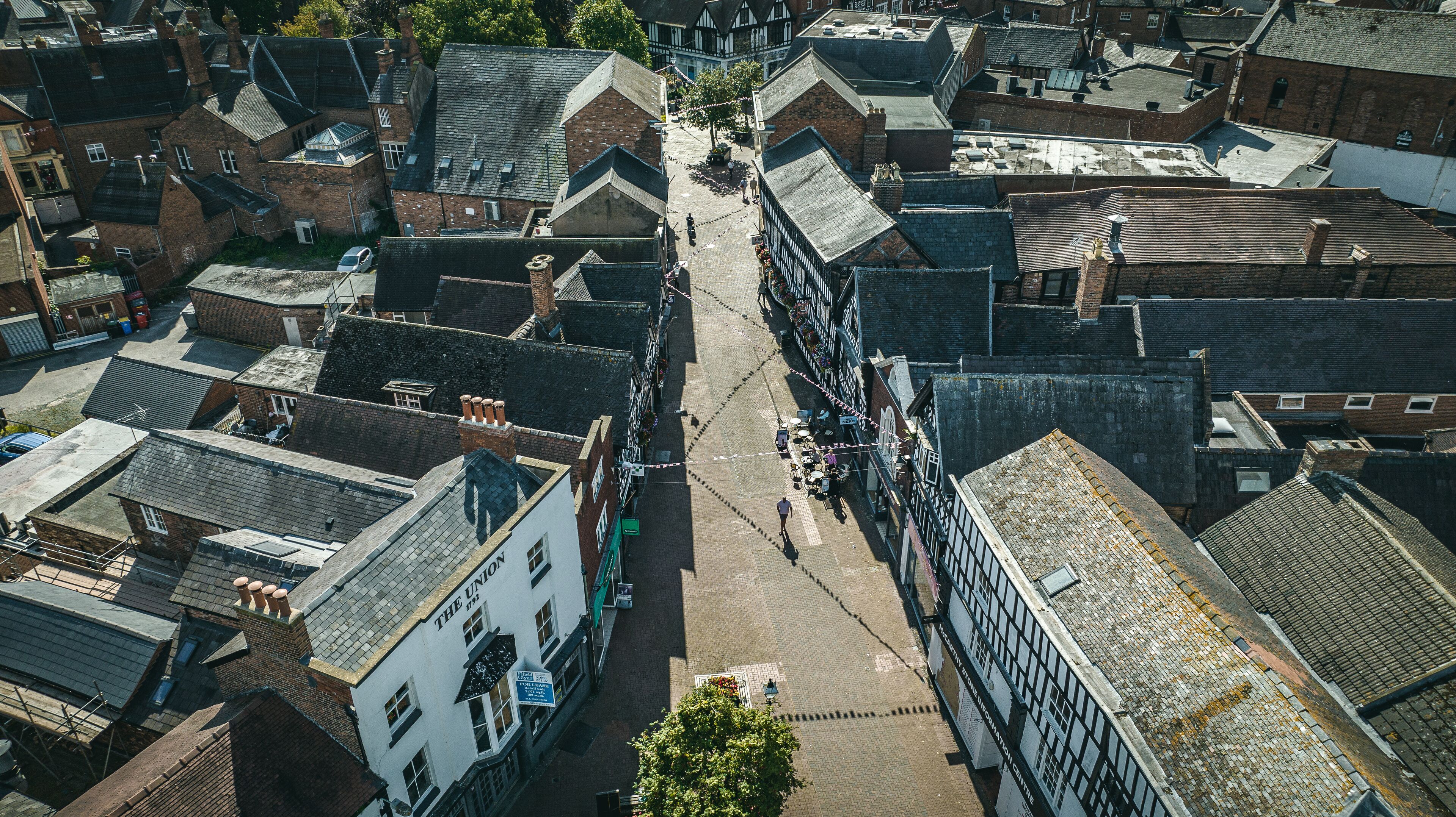 Aerial view of old historic town of Nantwich, Cheshire, UK