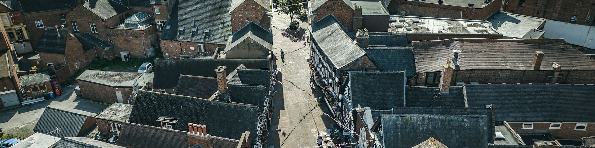 Aerial view of old historic town of Nantwich, Cheshire, UK