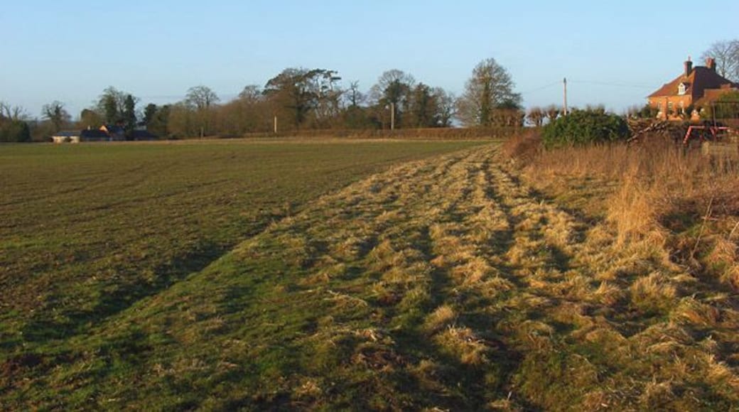 Farmland, Elcot A cereal field with the farmhouse to the right and buildings near the hotel to the left.