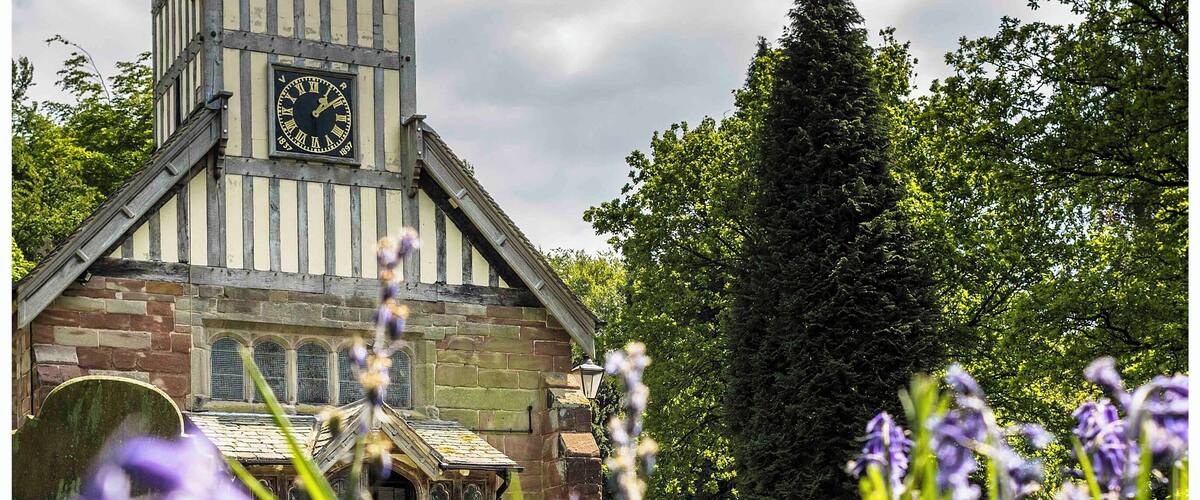 A church with a clock tower, surrounded by lush greenery and purple flowers.
