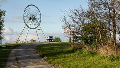 Newcastle-under-Lyme, Staffordshire, uk, 04,25.2022,Apedale pit wheel memorial and coal tub located in Apedale community park, formerly opencast mining