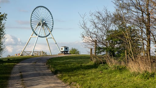 Newcastle-under-Lyme, Staffordshire, uk, 04,25.2022,Apedale pit wheel memorial and coal tub located in Apedale community park, formerly opencast mining