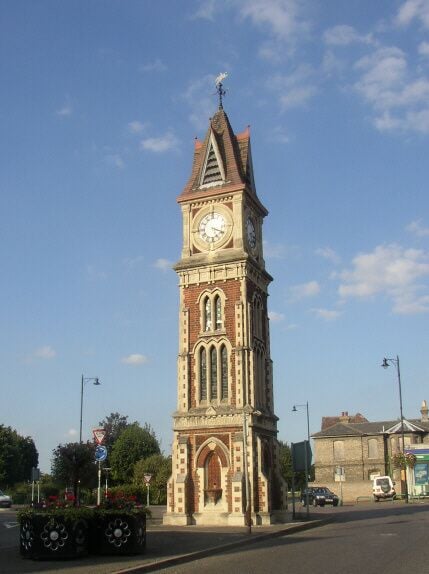 Jubilee Clocktower, Newmarket, Suffolk. The clocktower was erected to celebrate the Golden Jubilee of Queen Victoria in 1887. It is at the top (NE) end of the High Street