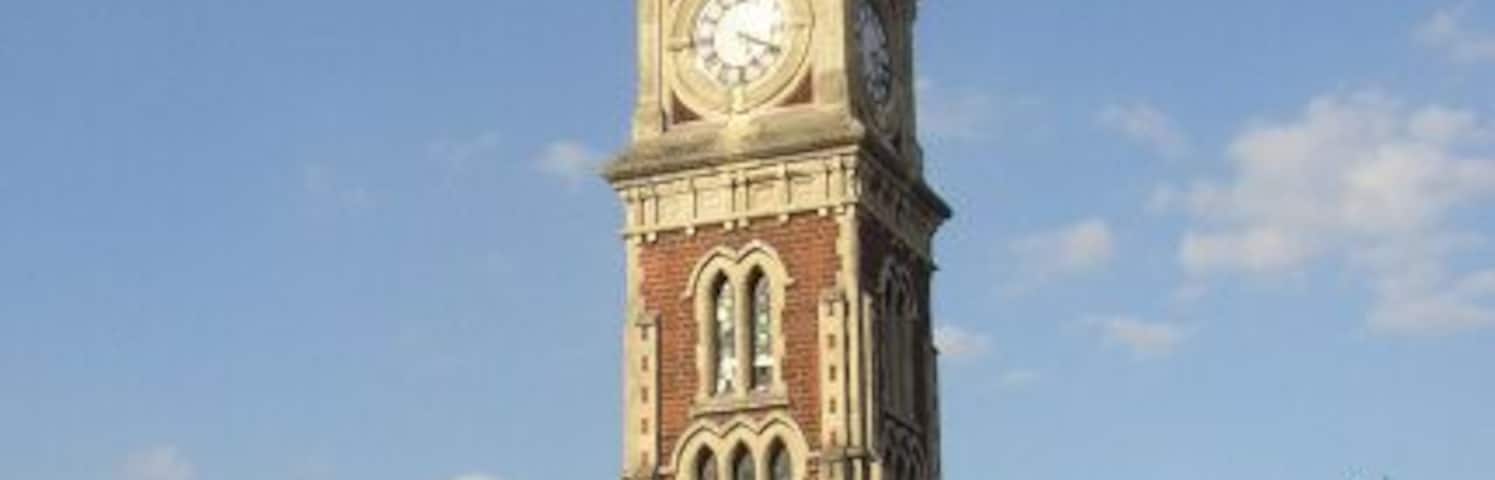 Jubilee Clocktower, Newmarket, Suffolk. The clocktower was erected to celebrate the Golden Jubilee of Queen Victoria in 1887. It is at the top (NE) end of the High Street