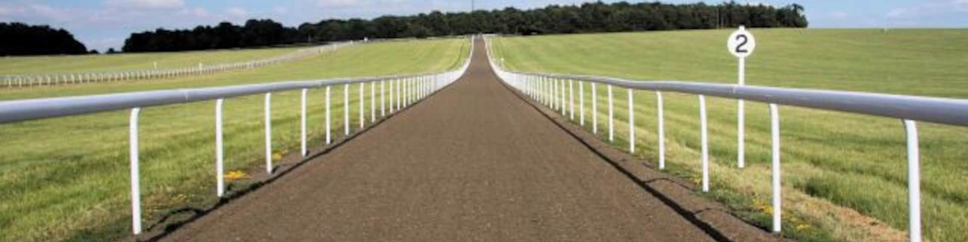 Una pista de carreras con barandas blancas y un letrero con el número 2.