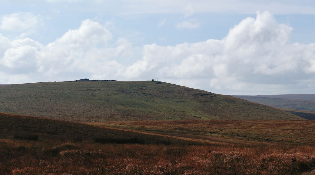 Panorama of northern Dartmoor, Devon, UK showing some of the major tors (including the highest on the moor) in that area. A large part of what can be seen is in a military firing area and an observation hut and warning flag can be seen.