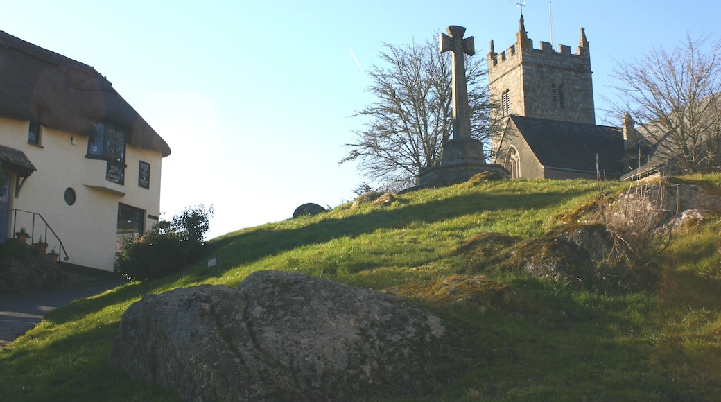 View in Lustleigh, Devon. Contains Celtic Cross, Church and Tea Rooms