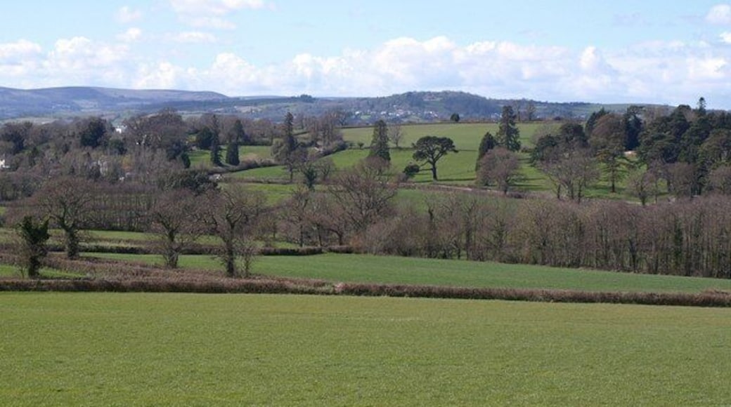 Kate Brook valley. Taken from the same place as 756103, looking further to the left. The park-like grounds at Filleigh on the right across the brook are in SX8780. Hennock is in the distance.