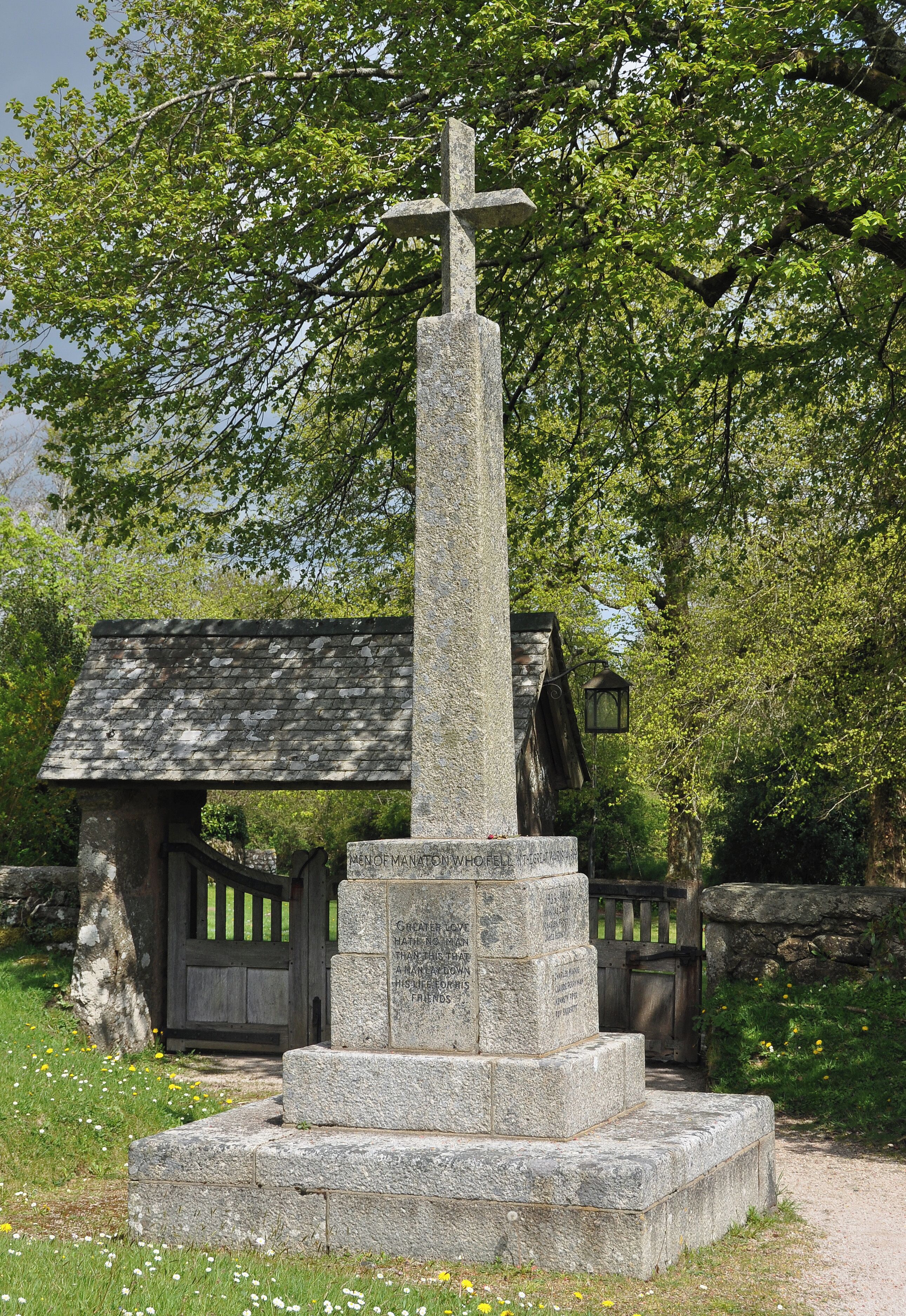 The war memorial in the churchyard at Manaton, Devon.