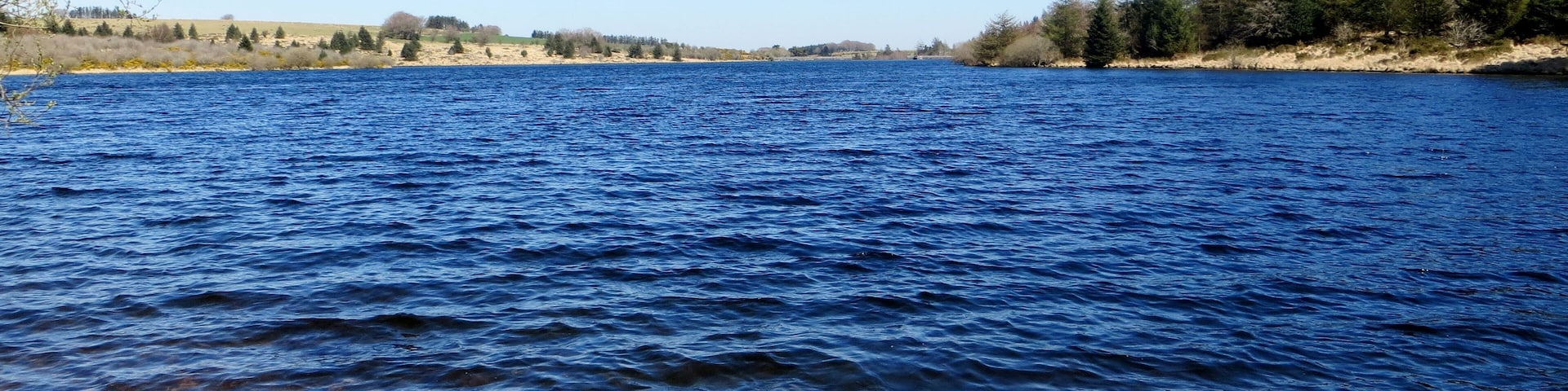 A calm lake with clear water, surrounded by trees and hills.