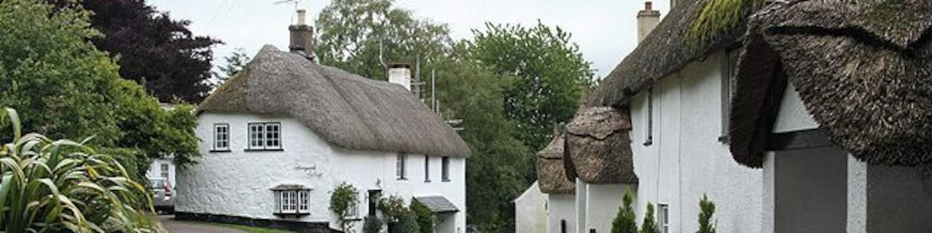 North Bovey: by the Old Post Office The Old Post Office is the cottage on the extreme right, nearest the camera. This view is of the southern edge of the village green