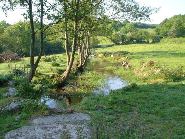 A small stream in a grassy field with trees and a distant hill.