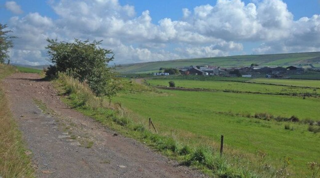 Moss Gate Road. Looking northeast towards Whitfield dairy farm from a point where Moss Gate Road ceases to border the Rushcroft area of Shaw. Crompton Moor can be seen on the skyline.