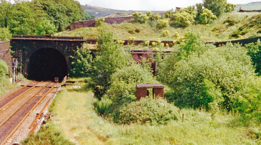 Western portal of Standedge Tunnel at Diggle. View NE from the A62 road, towards Huddersfield, Leeds etc.: ex-LNWR Manchester - Huddersfield - Leeds main line. Behind the camera is the site of the former Diggle station - see SE0008 : Site of former Diggle station, 1996. There are four tunnels here: the two tracks remaining constitute the main line, through the most recent (1894) tunnel bore, next to the right the original (1811) canal tunnel runs underneath here. Further over to the right are the original (1848 and 1871) single-line rail tunnels, still extant but with no track although one is available for emergency road vehicles.