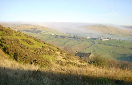 View from Hunters Hill, near Diggle. Looking eastwards from Hunters Hill, north of Diggle, across Harrop Ridge to Diggle Edge. The area is to the east of Oldham.