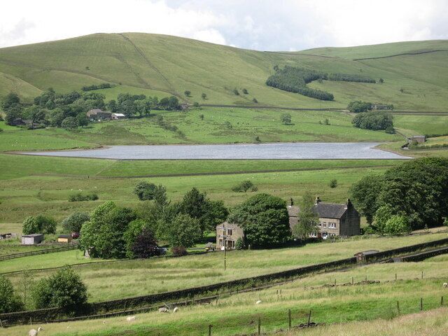 A rural landscape with rolling hills, a lake, and scattered houses.