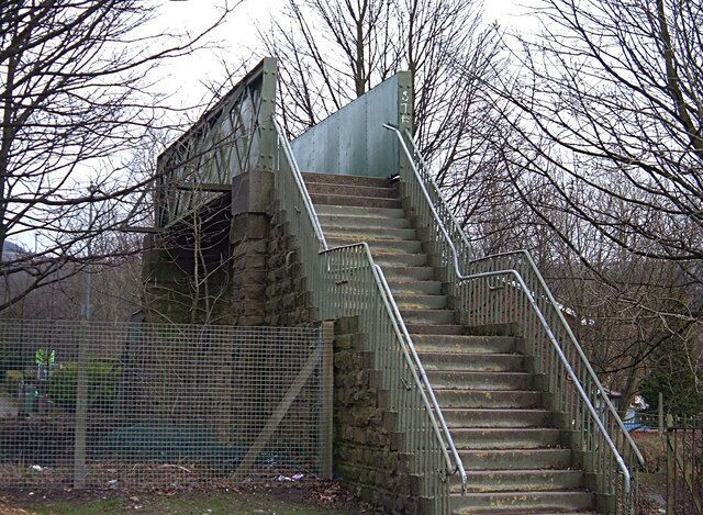 Railway footbridge, Shaw The bridge carries the pedestrian over the Manchester to Rochdale railway line from Woodend to Bridge Street saving a detour via Wren's Nest.