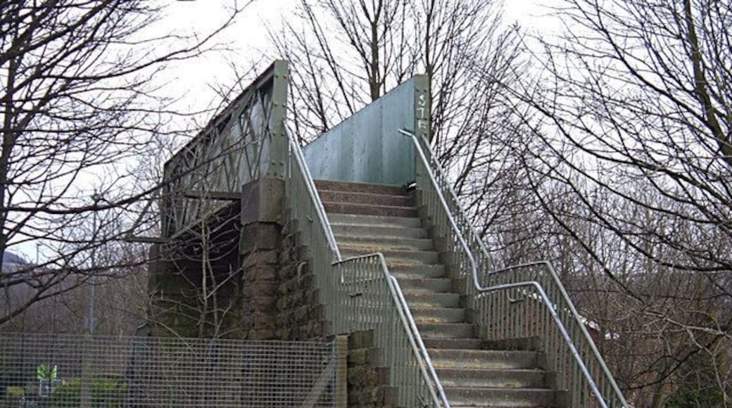 Railway footbridge, Shaw The bridge carries the pedestrian over the Manchester to Rochdale railway line from Woodend to Bridge Street saving a detour via Wren's Nest.