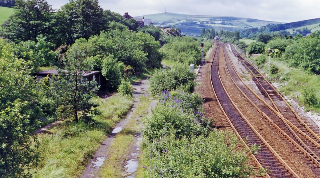 Site of former Diggle station, 1996. View westward from above the western portals of the Standedge Tunnels near Saddleworth, on the main ex-LNWR Manchester - Stalybridge - Huddersfield - Leeds line. The track-bed on the left had been for the Slow lines, which went into the two earlier single-line tunnels until 31/10/66, although the Micklehurst Loop from Stalybridge was closed 7/9/64: the remaining double track runs through the 1894 tunnel. The Canal Tunnel, recently restored, is on the far side. Diggle station was closed 7/10/68. The hill on the horizon topped with a mast is Wharmton - west of Uppermill.