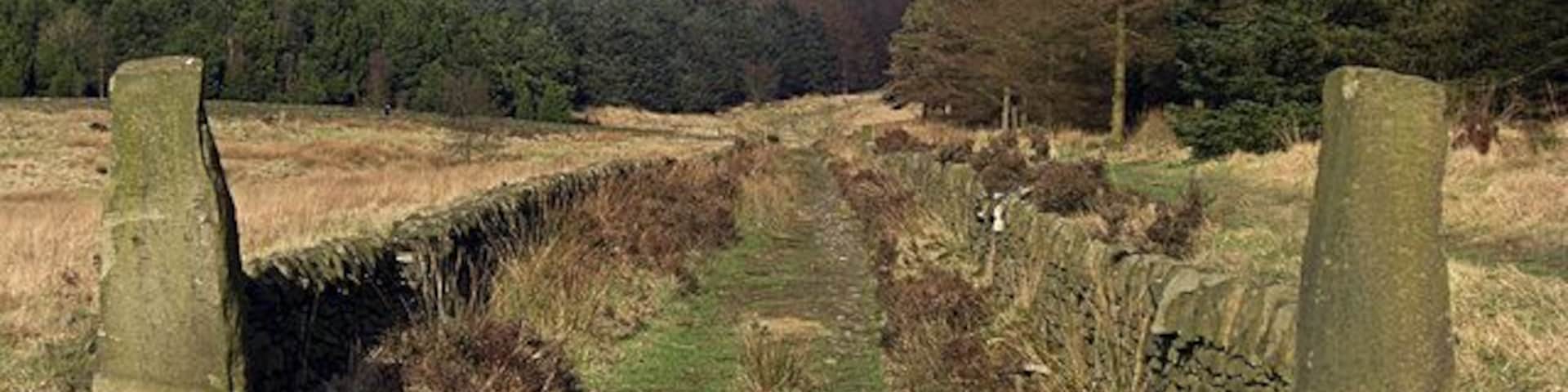 Crompton Moor This walled track is on the lower slopes of the moor above Brushes Clough quarry. There are many tracks on this large area of open space on the edge of Shaw's urban area. It is a very popular amenity for off road cyclists, dog walkers and other lovers of the countryside.