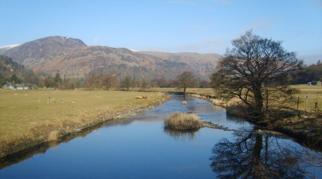 Goldrill Beck From the bridge to Side Farm and Rooking. The name Goldrill first documented in 1780. Means 'The stream where marigolds grow' relating to the kingcup or marsh marigold. None in evidence today in this cold early spring.Sheffield Pike and Glenridding Dodd in shot.