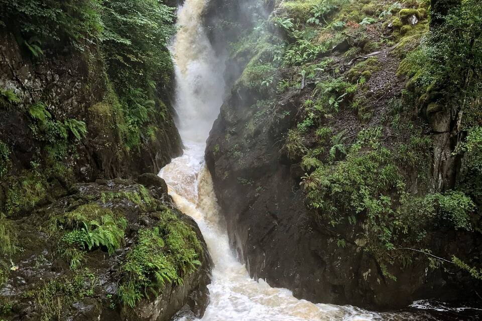 A waterfall cascading through a rocky gorge surrounded by lush greenery.