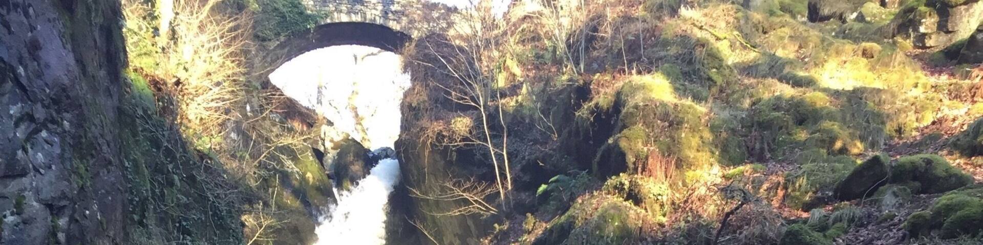 A narrow waterfall flowing through a rocky gorge with moss-covered rocks and a stone bridge in the background.