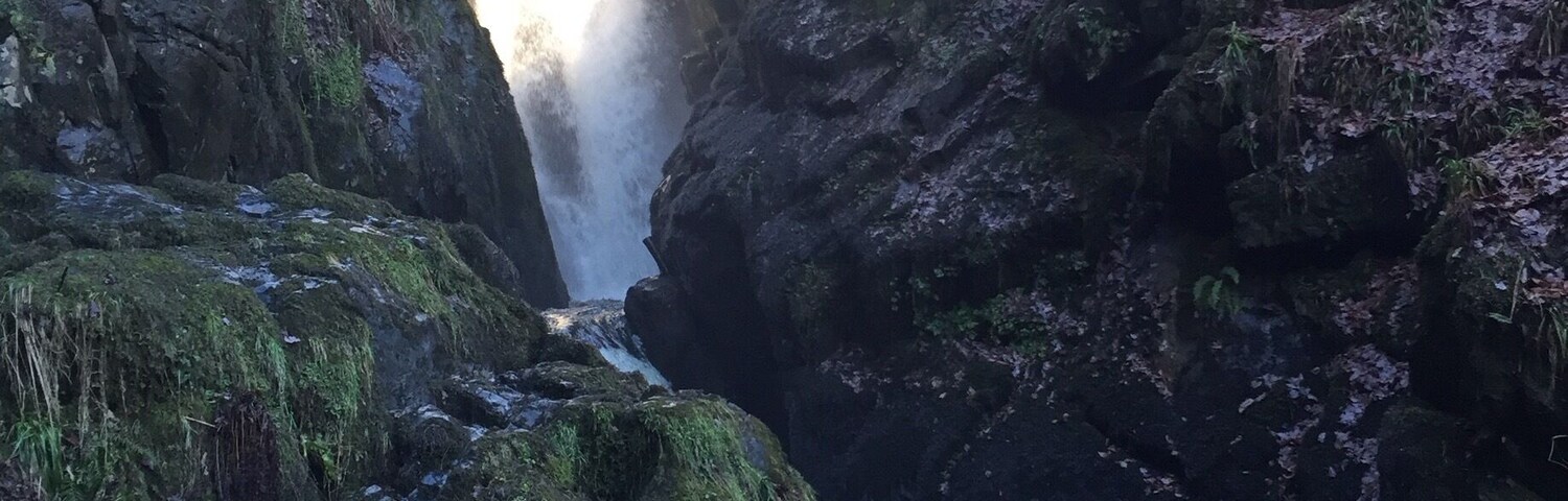 Una cascada estrecha fluye por un desfiladero rocoso con rocas cubiertas de musgo y un puente de piedra al fondo.