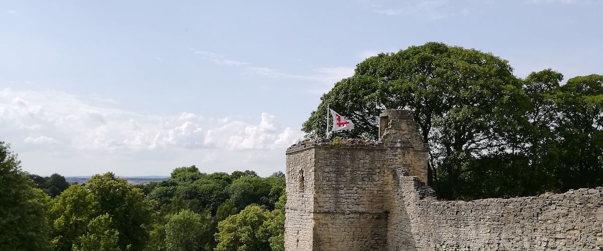 A stone castle ruin with a flag on top, surrounded by green grass and trees.