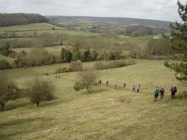 A hilly landscape with a group of hikers on a trail.