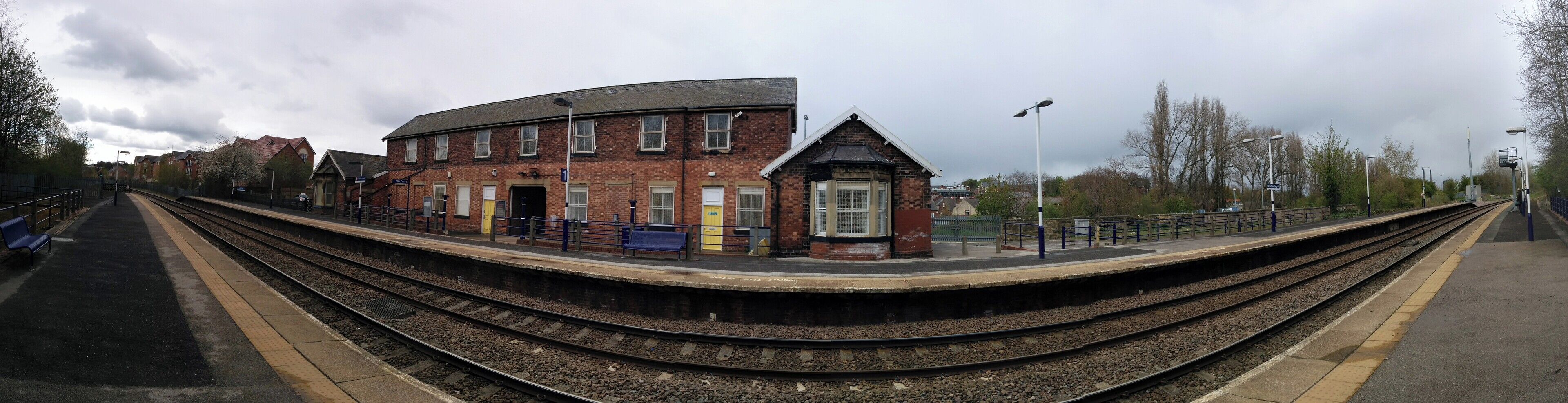 Panorama of Pontefract Baghill Station showing station buildings from the Sheffield-bound platform