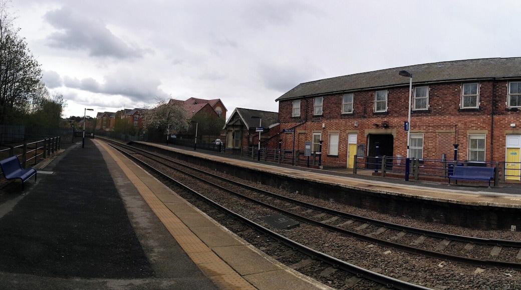 Panorama of Pontefract Baghill Station showing station buildings from the Sheffield-bound platform