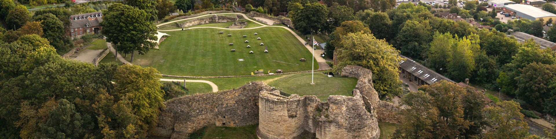 Aerial view above the medieval architecture of Pontefract Castle in West Yorkshire, UK