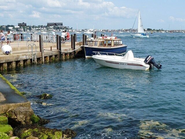 Jetty, Brownsea Island. Ferries from Poole and Sandbanks moor at the end of the jetty 1441177 while smaller vessels moor along the side.