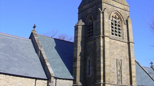 Spire and upper stages of the south tower of St Nicholas' parish church, Wrea Green, Lancashire, seen from the southwest