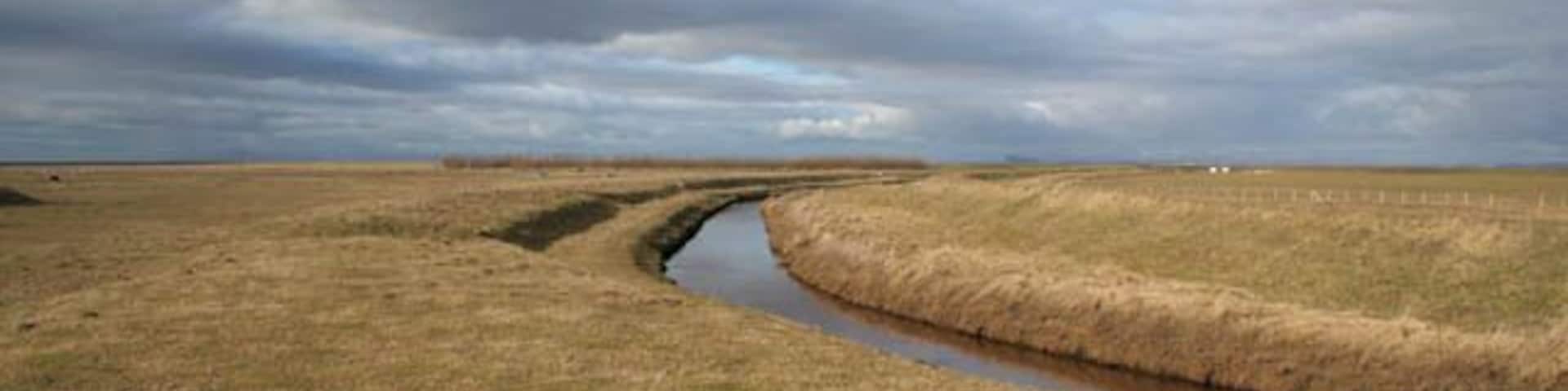 Farmland near Pilling Marsh Looking towards Pilling Marsh from Broadfleet Bridge. This low lying farmland is protected from the sea by extensive sea defences and drained by a network of dykes. Here the water of Broad Fleet is hemmed in by flood banks.