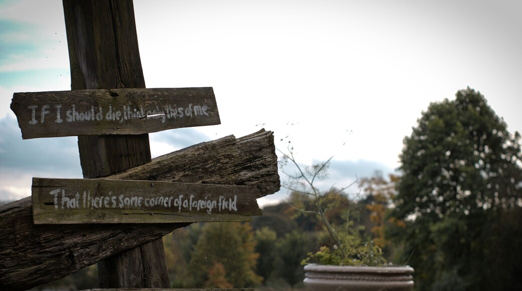 Just at the top of the stairs by the fountain. This is a quote from a poem called 'The Soldier' by Rupert Brooke