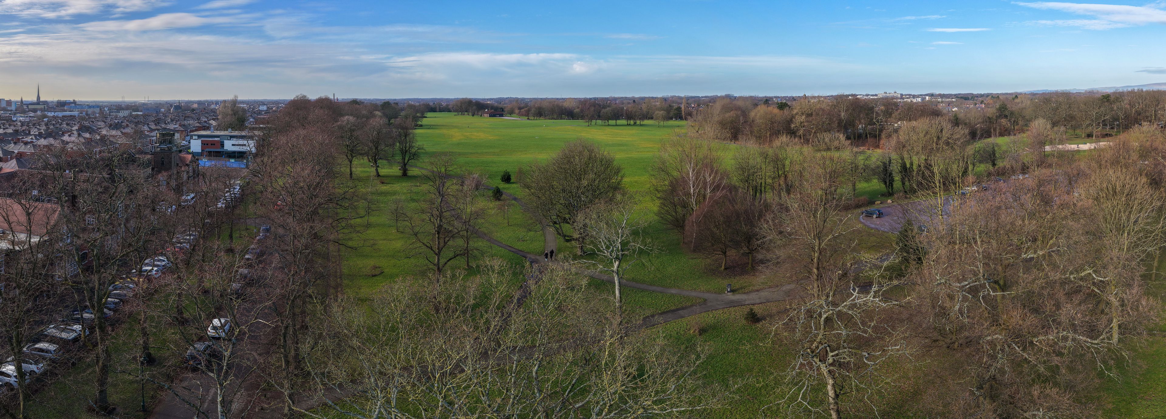 Aerial panorama of Moor Park sports courts and historic parkland in Preston, Lancashire. 
